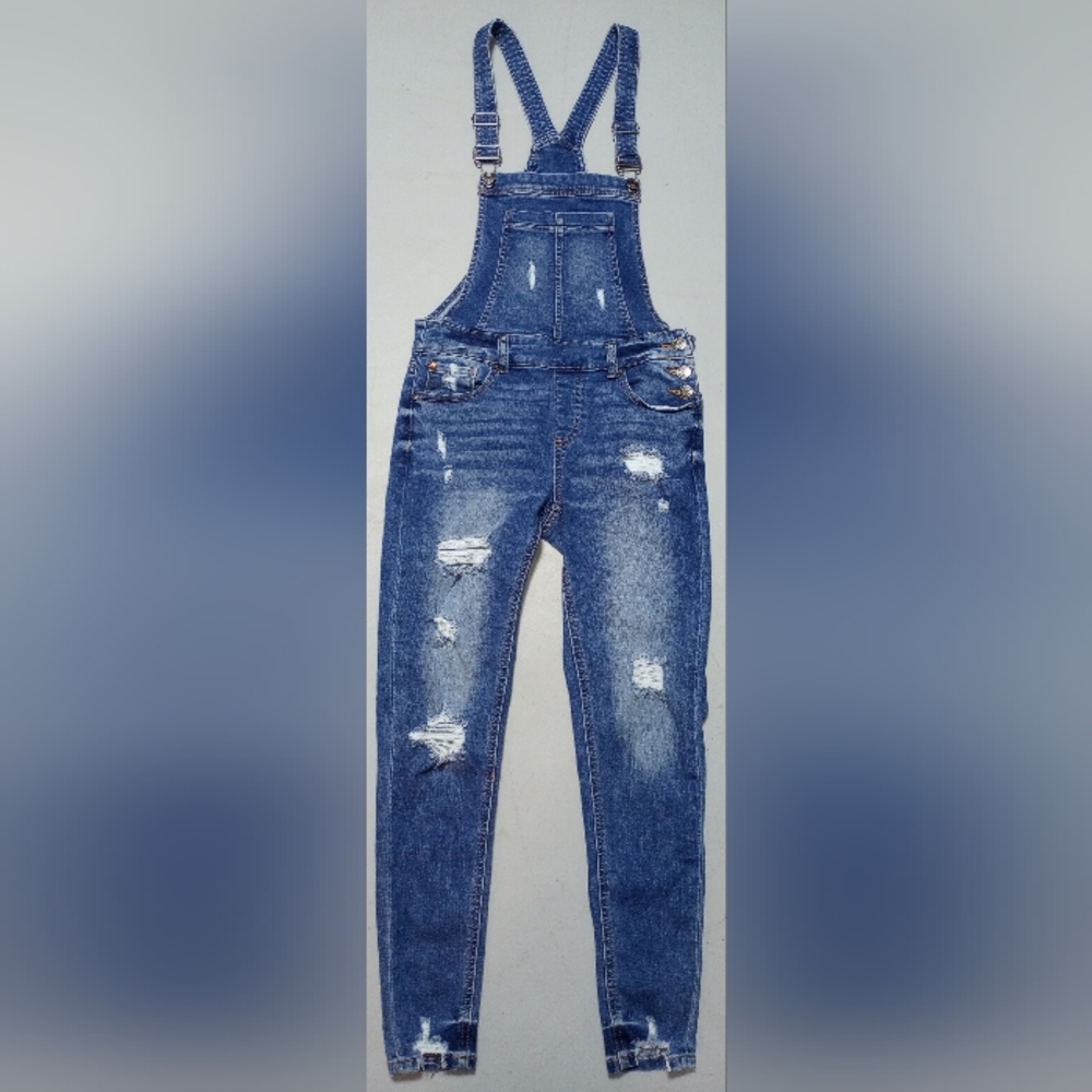 Enjean Dark Washed Distressed Denim Overalls, Size S